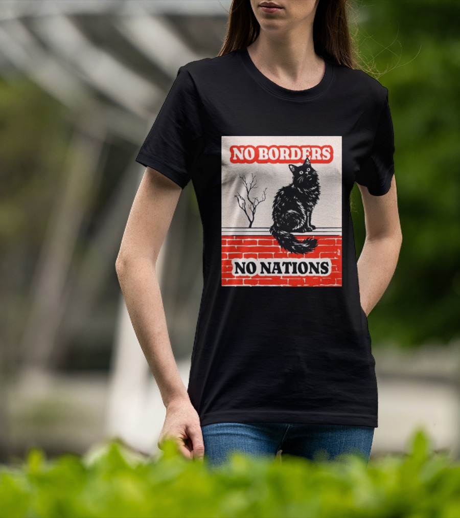 No Borders No Nations Cat Black Feline On Brick Wall T-Shirt