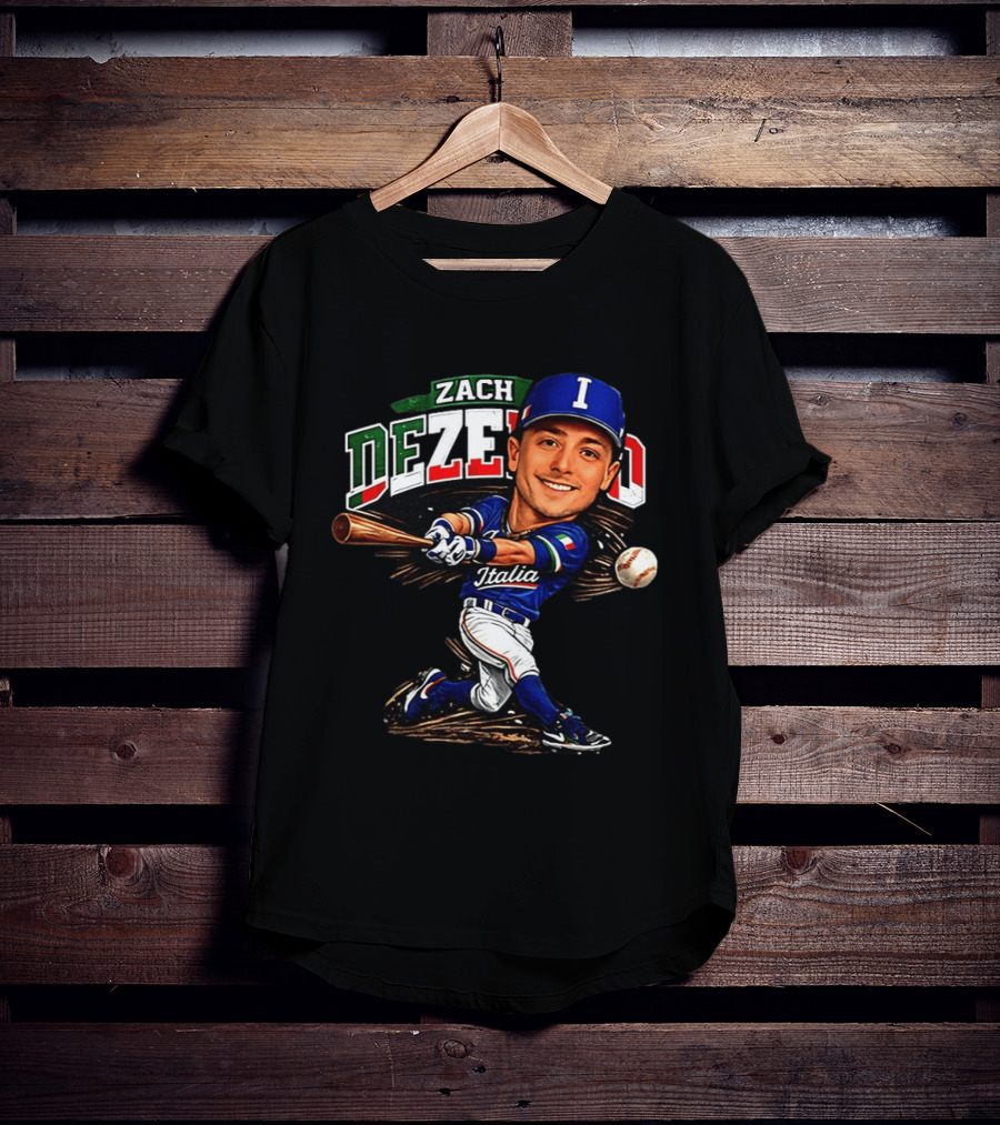 Zach Dezenzo Italia Baseball Classic Caricature Swinging Batter T-Shirt