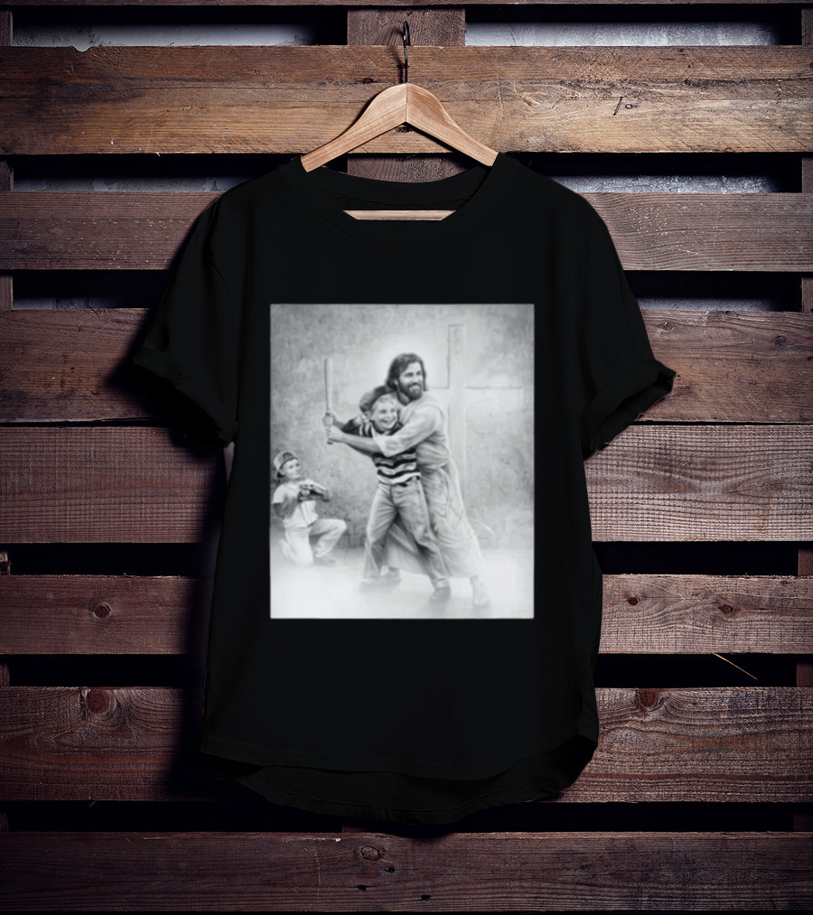 Jesus As A Coach With Children Playing Baseball In Front Of A Cross T-Shirt
