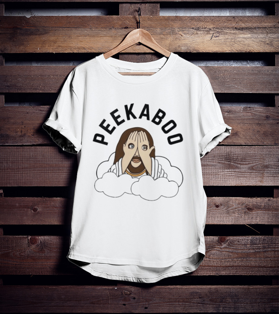 PEEKABOO Jesus Cartoon Clouds Playful Hands Covering Eyes T-Shirt