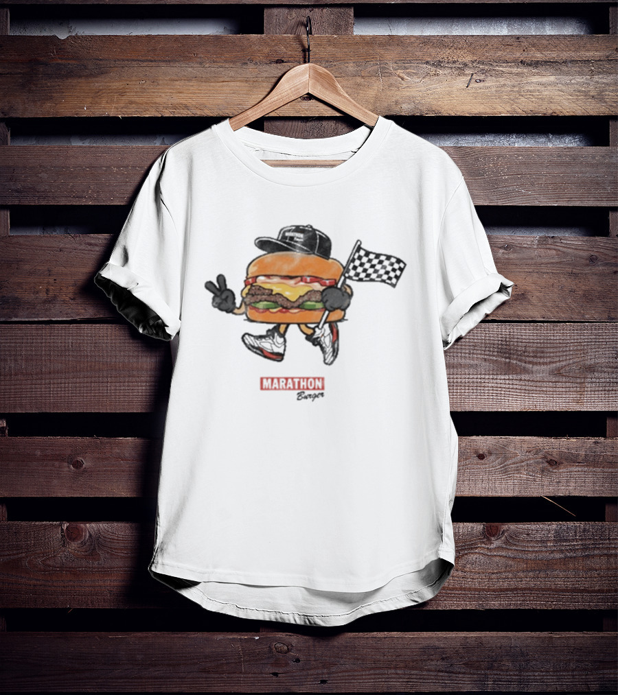 Marathon Burger Cartoon Racing With Peace Sign And Checkered Flag T-Shirt