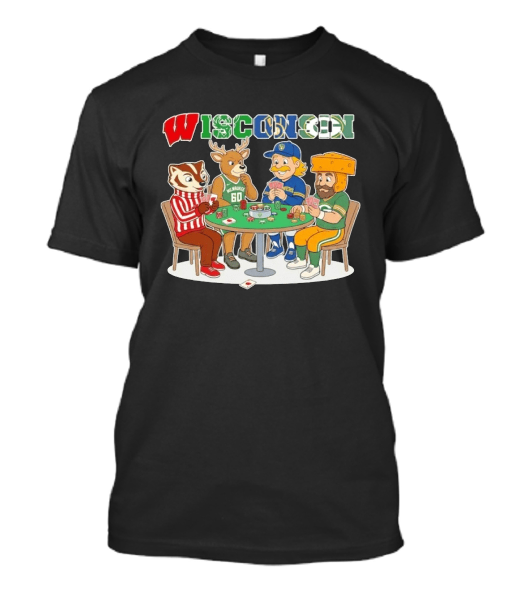 Wisconsin Sports Mascots Playing Poker With Packers Brewers And Bucks Themes T-Shirt