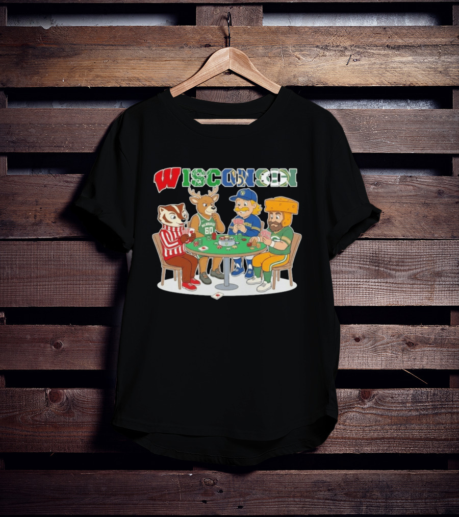 Wisconsin Sports Mascots Playing Poker With Packers Brewers And Bucks Themes T-Shirt