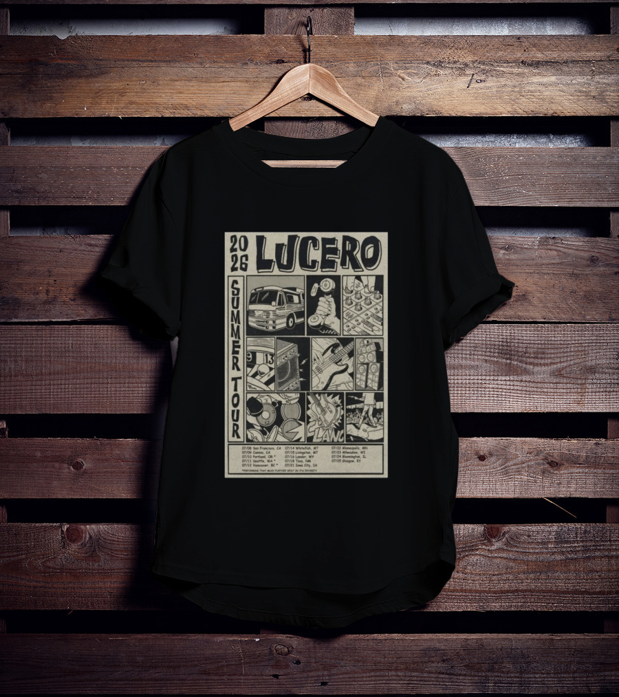 2026 Lucero Summer Tour Dates Featuring Vintage Comic Style With Iconic Band Imagery And Tour Stops T-Shirt