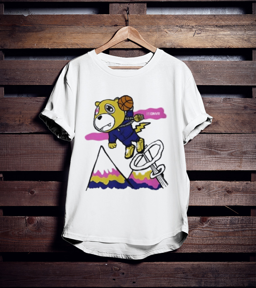 Dnvr Flying Basketball Mascot In Colorful Mountain Scene With Bicycle And Lightning T-Shirt