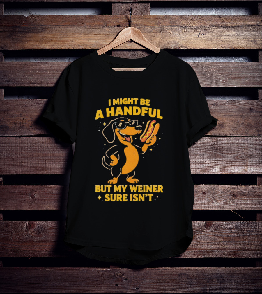 I Might Be A Handful But My Weiner Sure Isn't Hotdog Dog Wearing Glasses Holding Hotdog T-Shirt