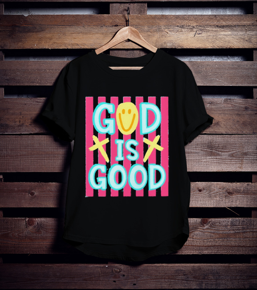 God Is Good Smiley Face Crosses Pink Stripes T-Shirt