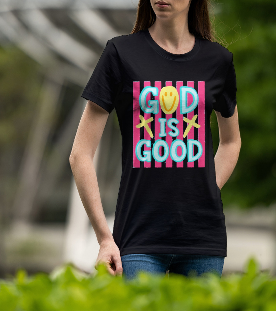 God Is Good Smiley Face Crosses Pink Stripes T-Shirt