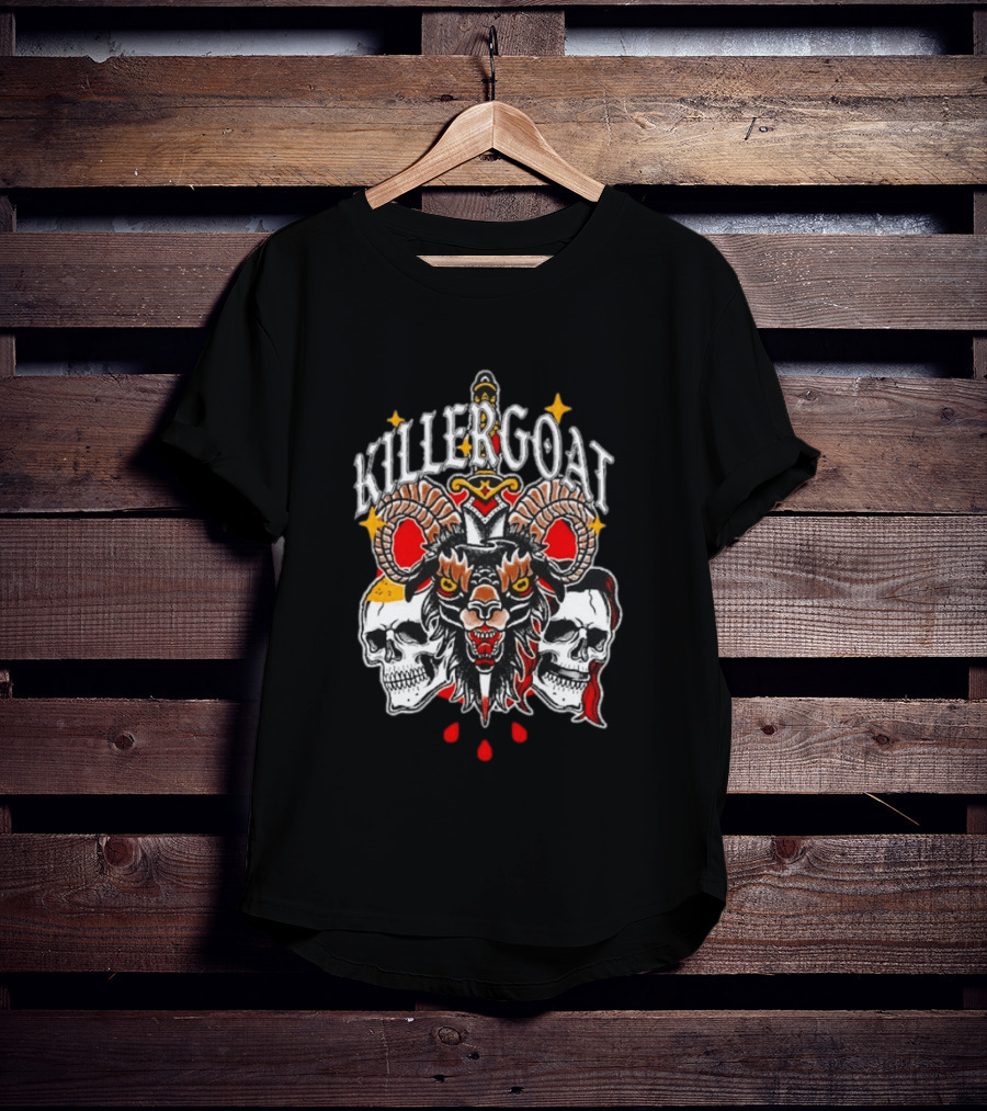 Killer Goat Skull Blood Drops And Horned Beast With Skulls And Sword T-Shirt