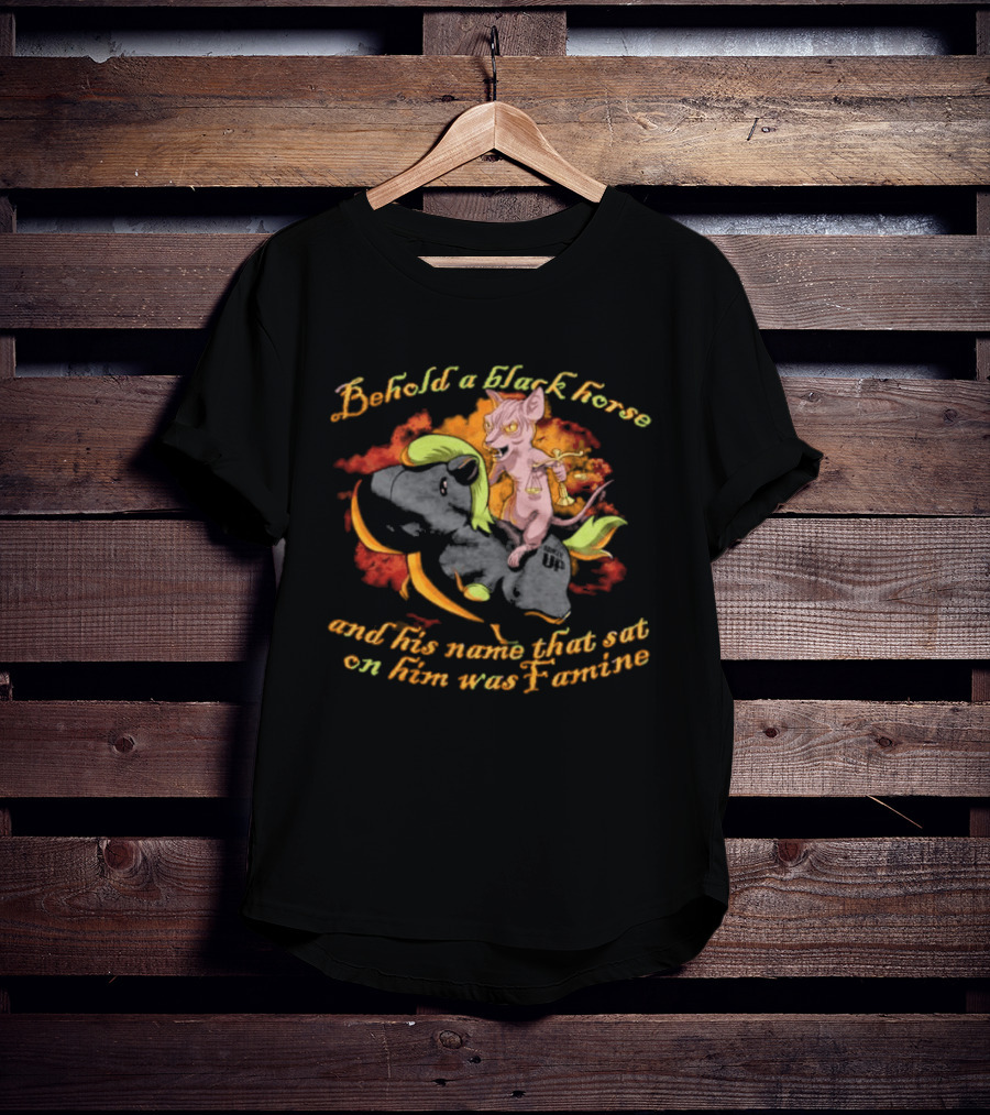 Behold A Black Horse And His Name That Sat On Him Was Famine Text With Cartoon Demon Rider T-Shirt