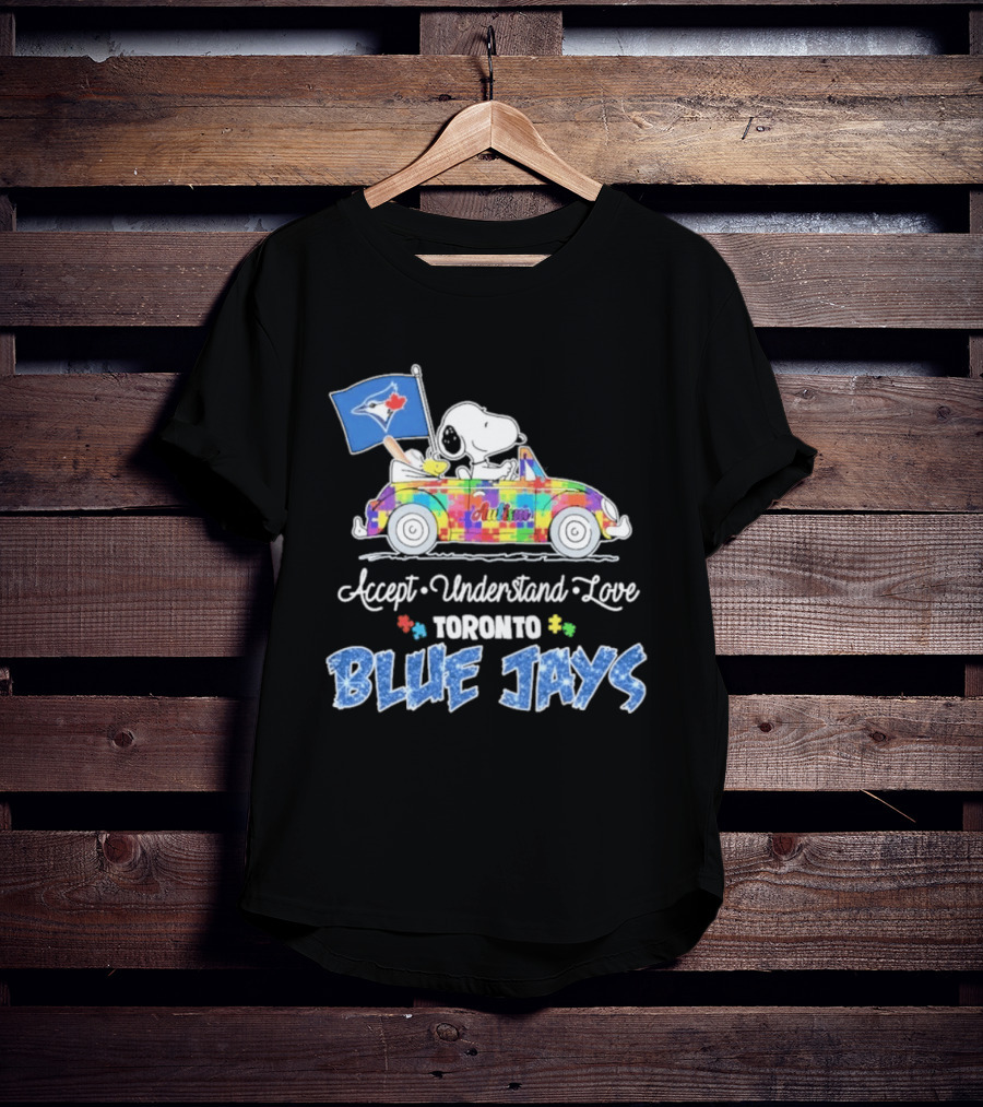 Snoopy Woodstock Driving Car Toronto Blue Jays Autism Awareness Accept Understand Love T-Shirt