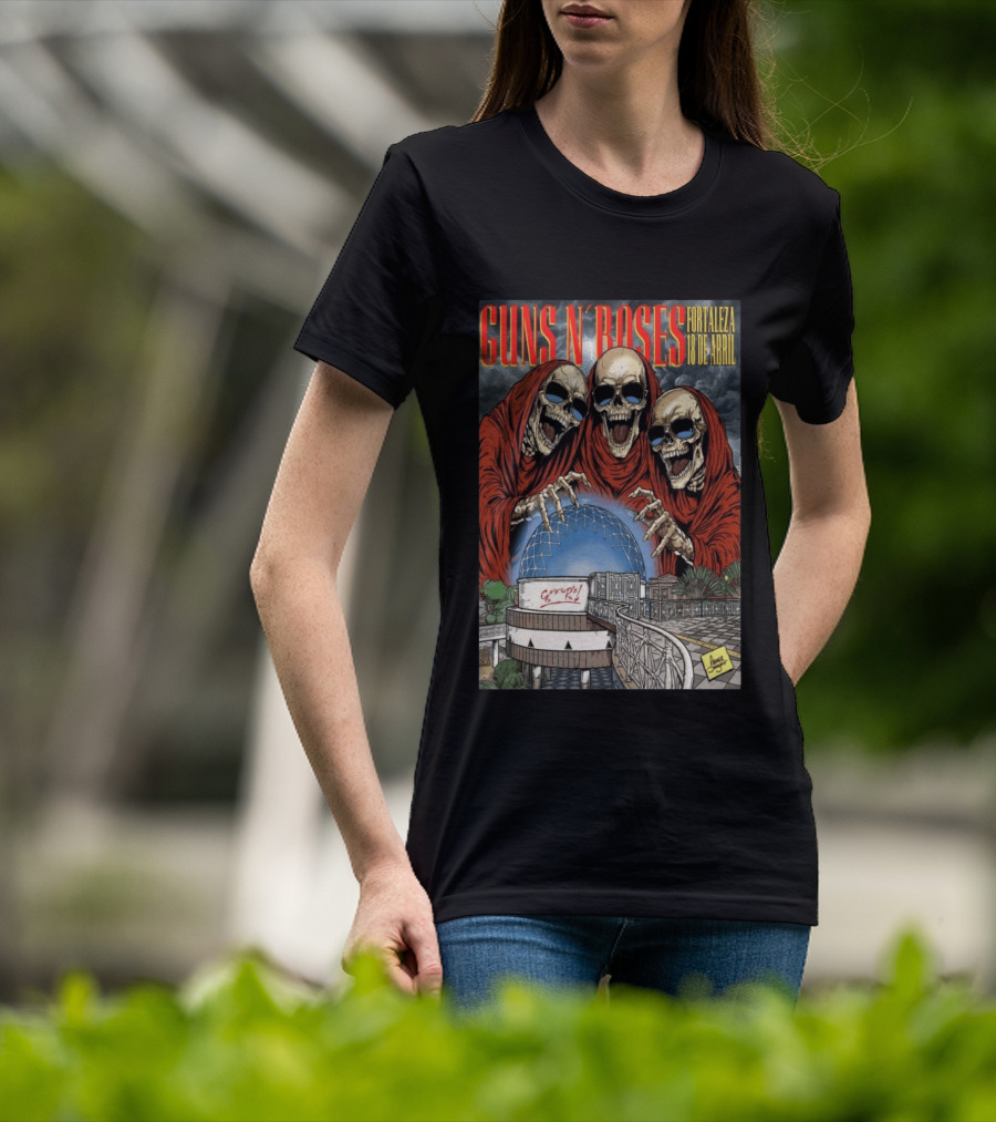 Guns N' Roses Fortaleza 18 De Abril Skeleton Red Hooded Figures Concert T-Shirt