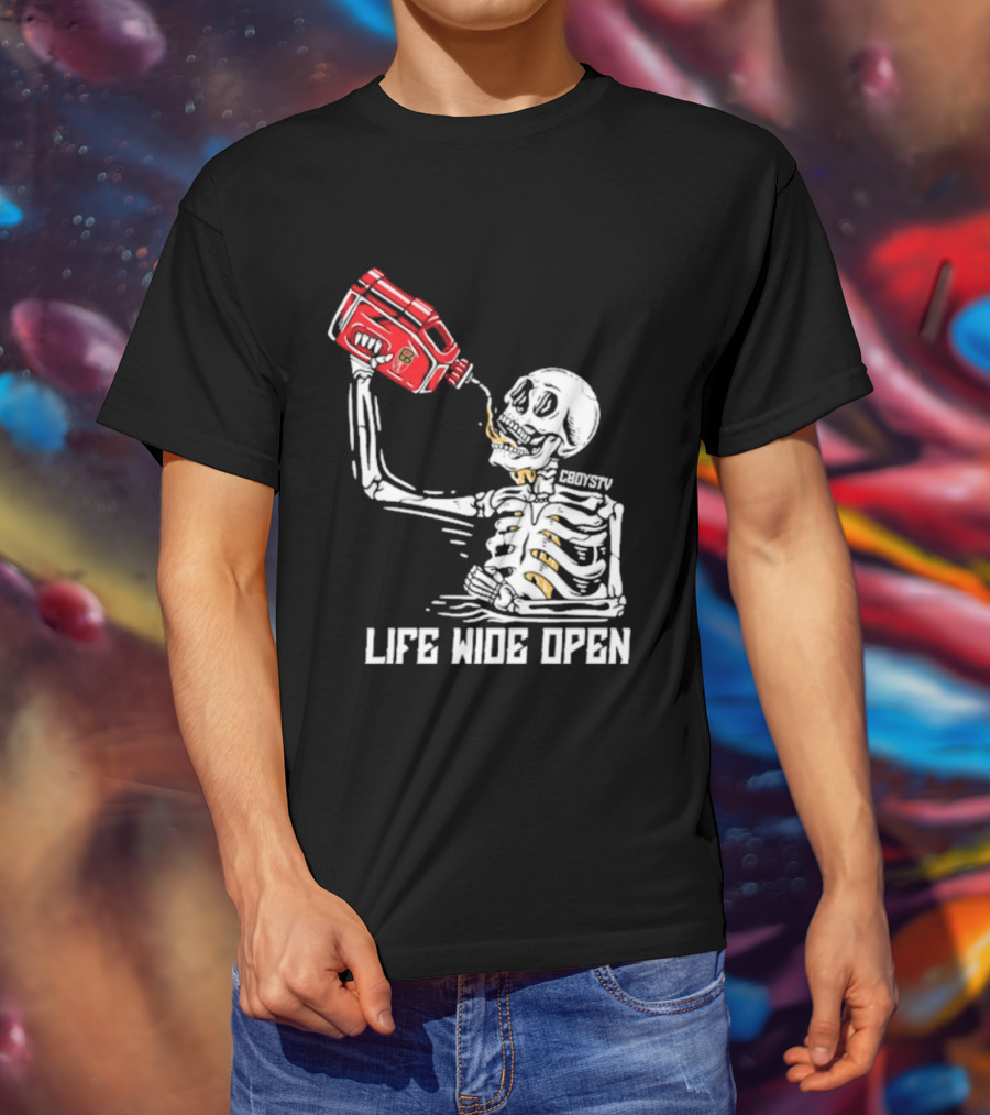 Cboystv Life Wide Open Skeleton Drinking Soul Fuel T-Shirt