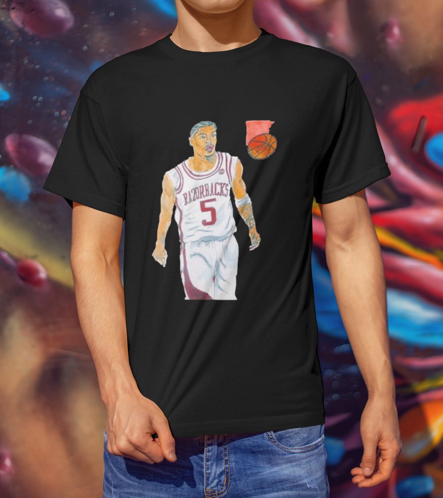 Arkansas Razorbacks Basketball Darius Acuff Jr. Caricature Player Number 5 T-Shirt