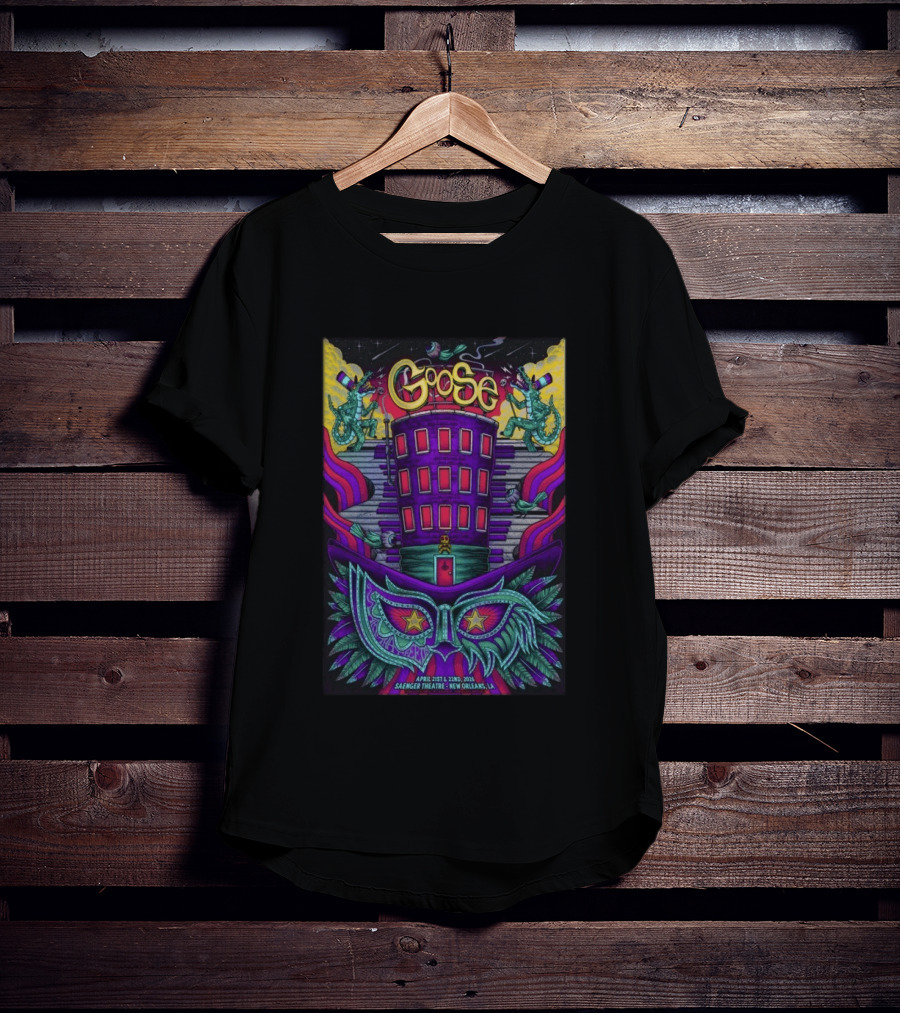 Goose Saenger Theatre New Orleans LA April 21 22 2026 Mardi Gras Gators Mask Art Deco T-Shirt