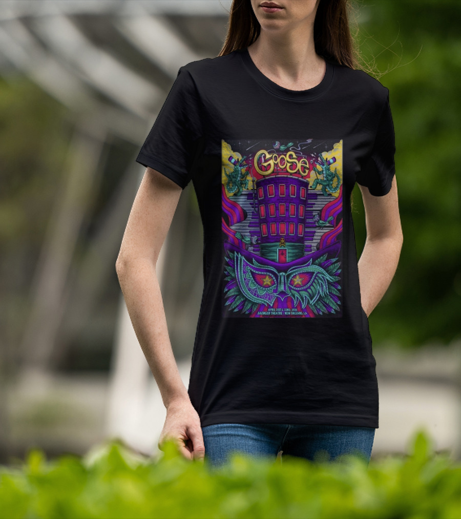 Goose Saenger Theatre New Orleans LA April 21 22 2026 Mardi Gras Gators Mask Art Deco T-Shirt