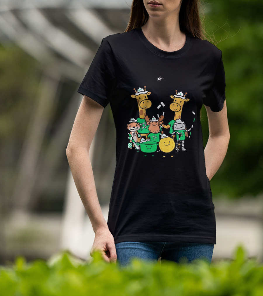 Dallas Stars Cartoon Characters Family Fun With Giraffe Moose Dog Bear And Cat T-Shirt