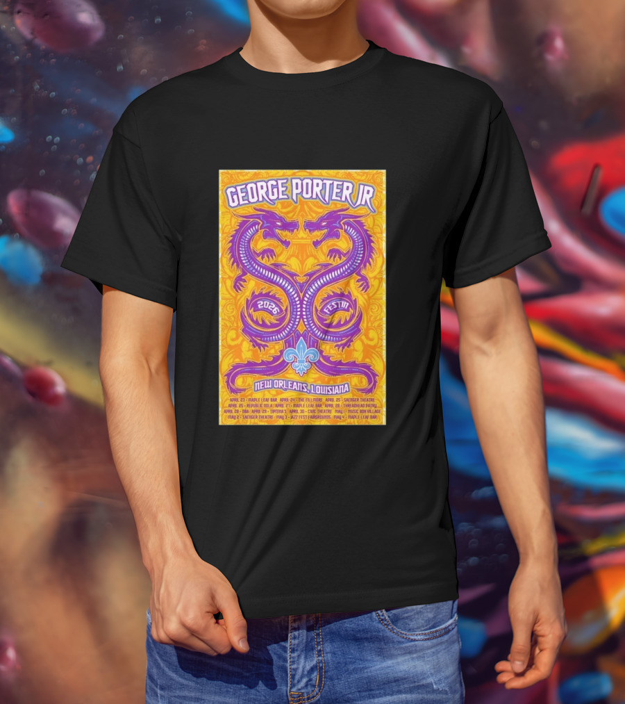 George Porter JR 2026 Fest In New Orleans Louisiana With Dragons And Fleur De Lis T-Shirt