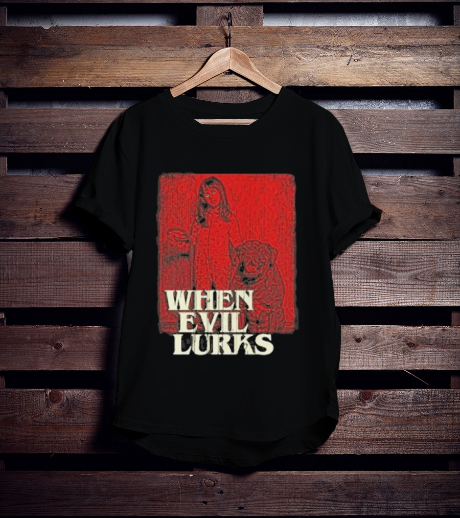 When Evil Lurks Red Background Girl With Bear T-Shirt