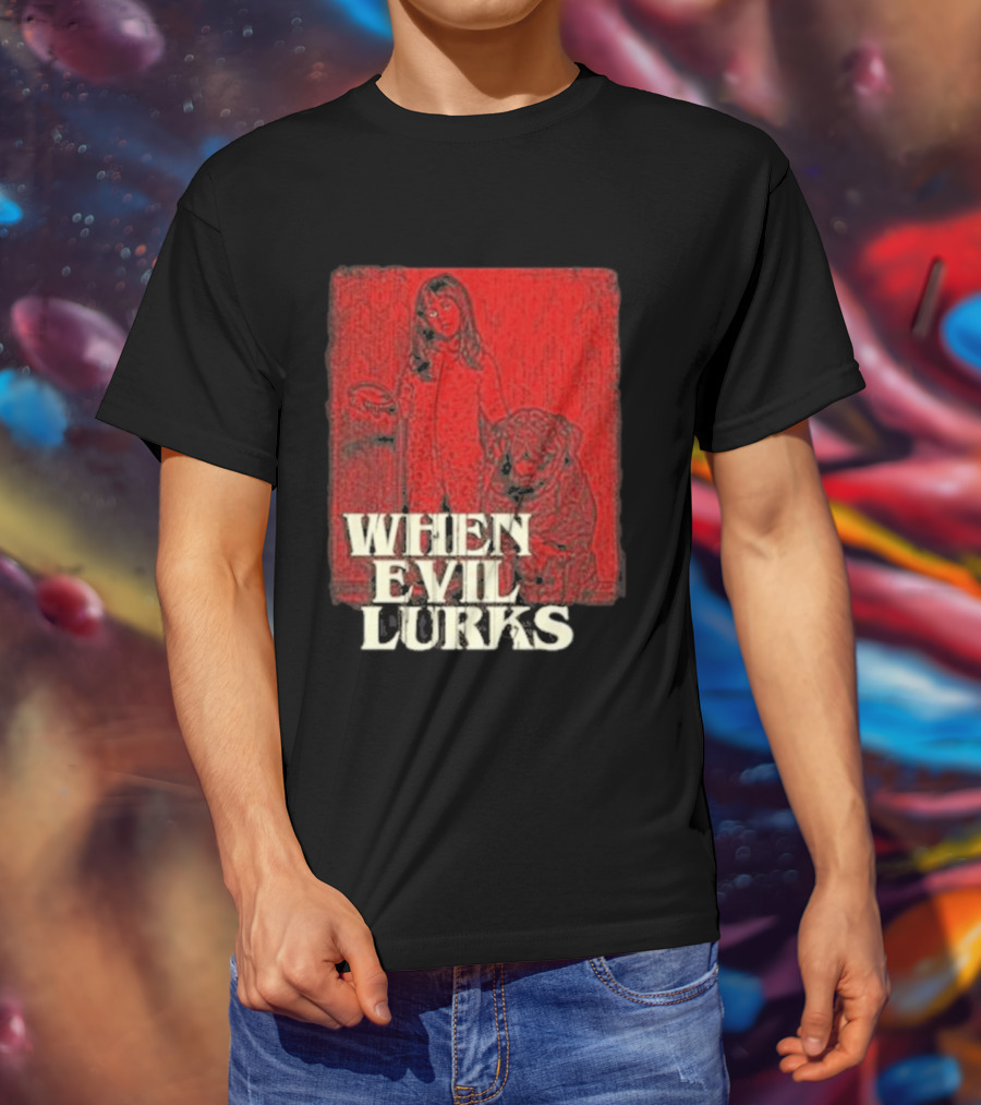 When Evil Lurks Red Background Girl With Bear T-Shirt