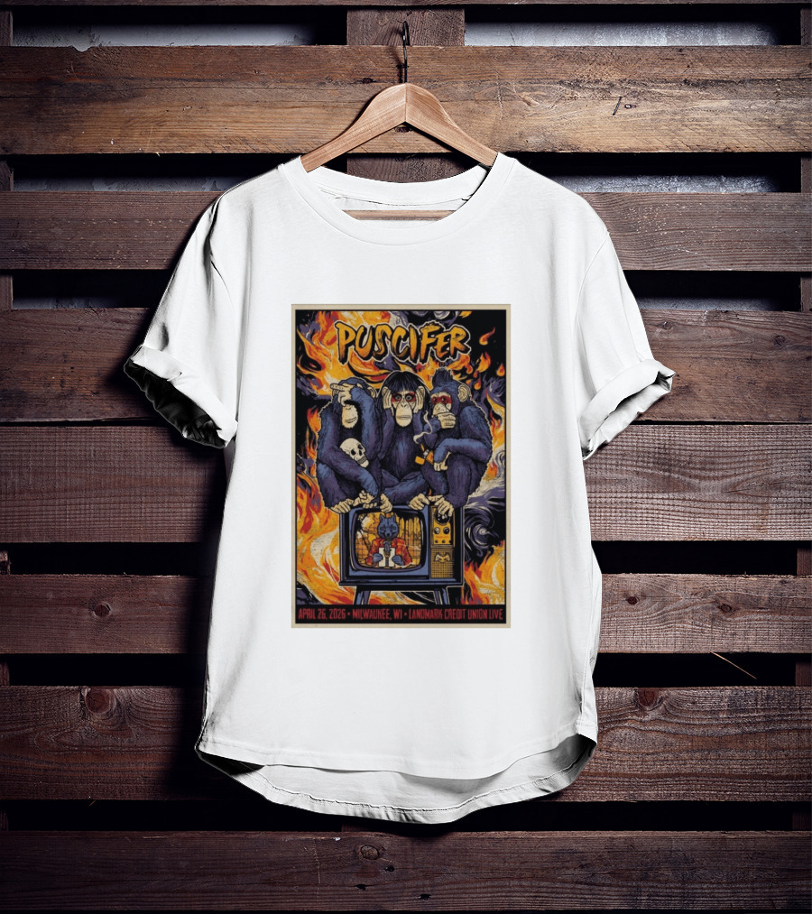 Puscifer April 26 2026 Milwaukee WI Landmark Credit Union Live Monkeys TV Flames T-Shirt