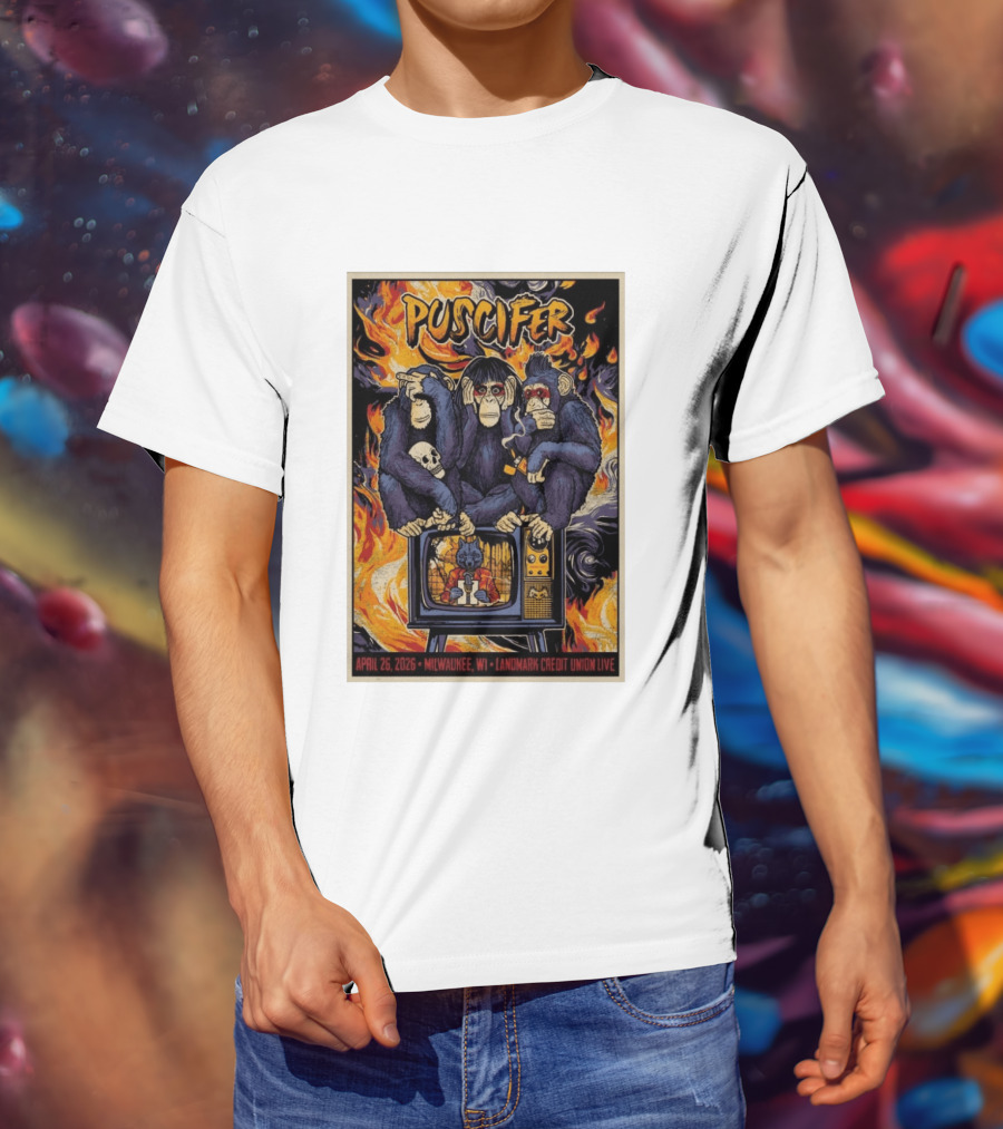 Puscifer April 26 2026 Milwaukee WI Landmark Credit Union Live Monkeys TV Flames T-Shirt