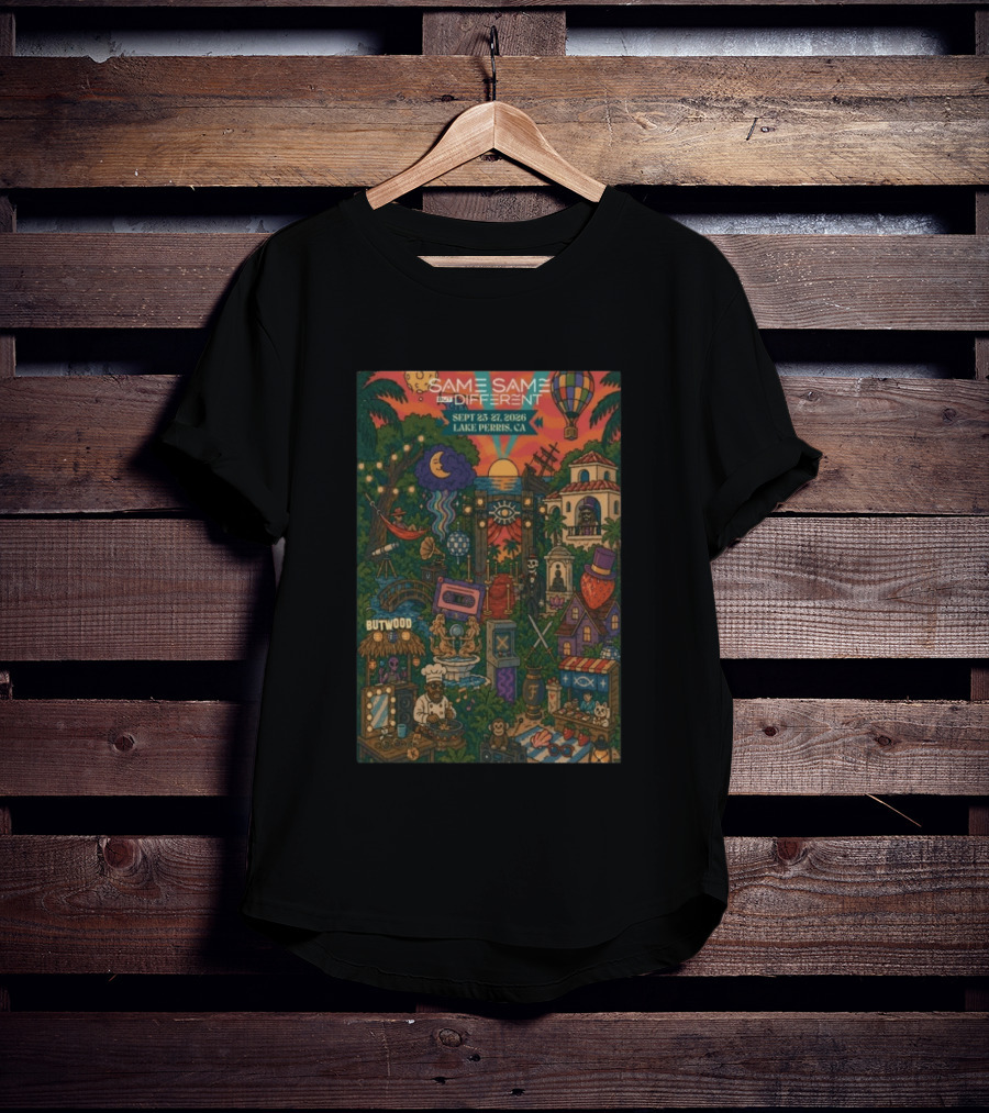 Same Same But Different Festival September 25 27 2026 Lake Perris CA Hot Air Balloon Tropical Landscape T-Shirt