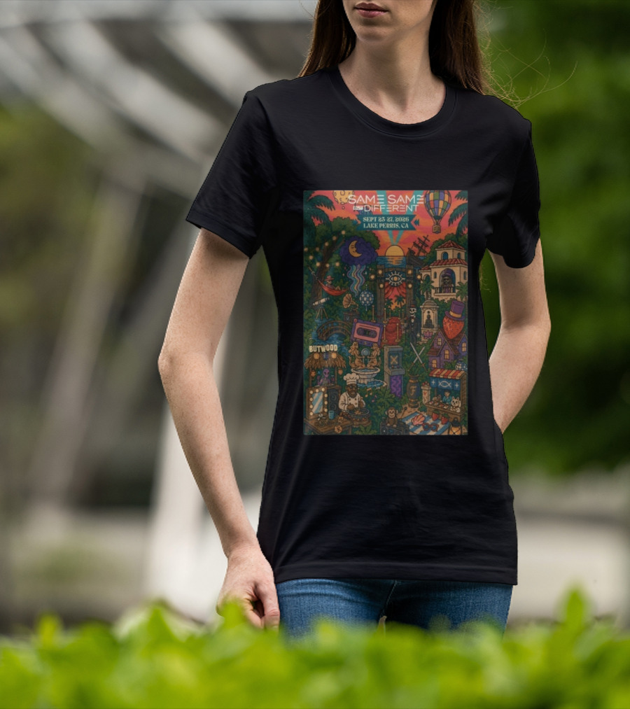 Same Same But Different Festival September 25 27 2026 Lake Perris CA Hot Air Balloon Tropical Landscape T-Shirt