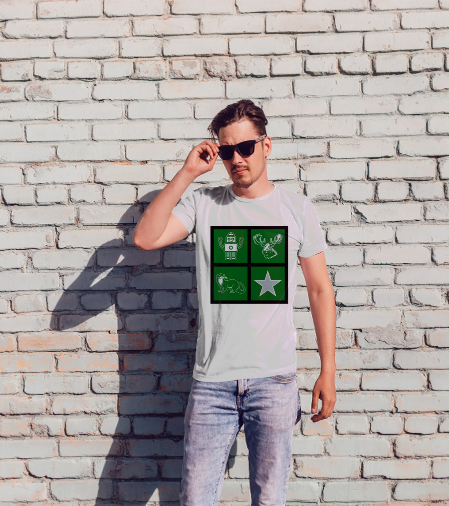 Robot Moose Otter Star Quadrant On Green T-Shirt