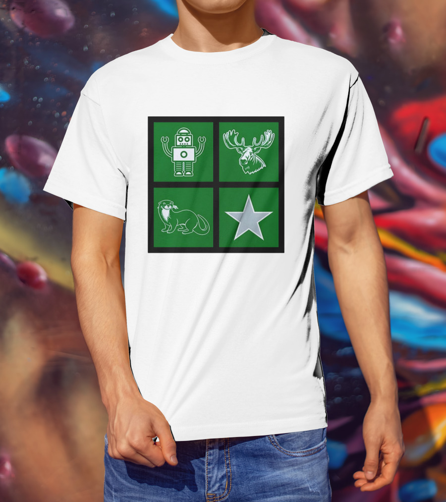 Robot Moose Otter Star Quadrant On Green T-Shirt