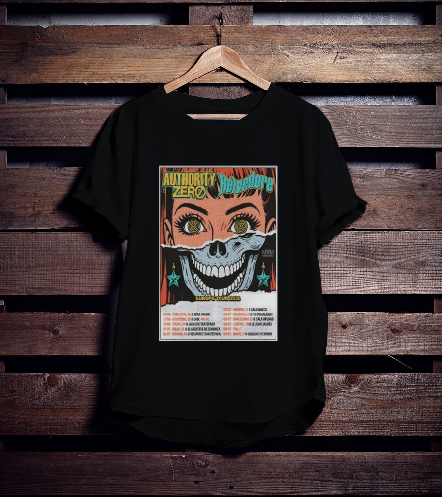 Authority Zero Belvedere Europe Tour 2026 Featuring Futuristic Comic Art Style With Date And Venue List T-Shirt