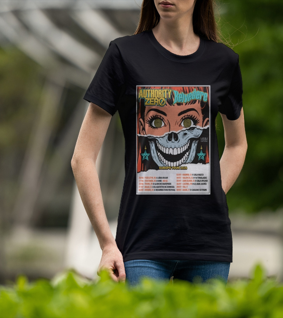 Authority Zero Belvedere Europe Tour 2026 Featuring Futuristic Comic Art Style With Date And Venue List T-Shirt