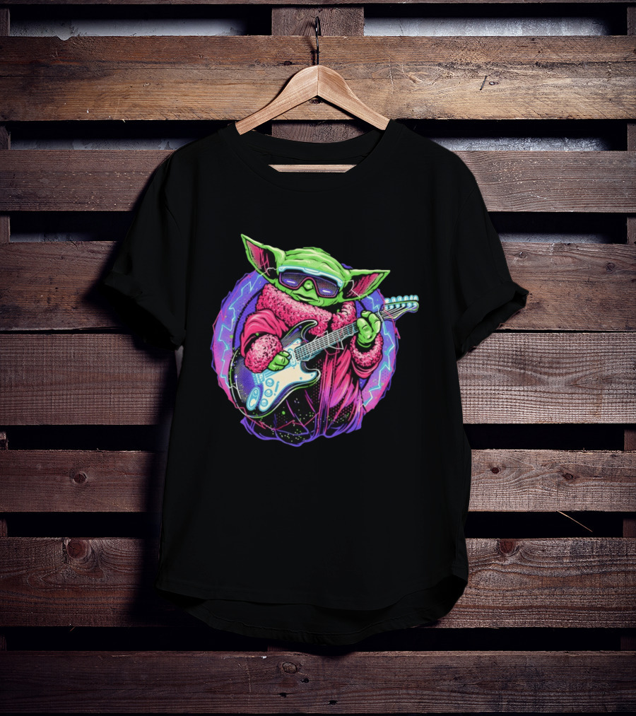 Grogu Electric Galaxy Guitar Blue Neon Lightning T-Shirt