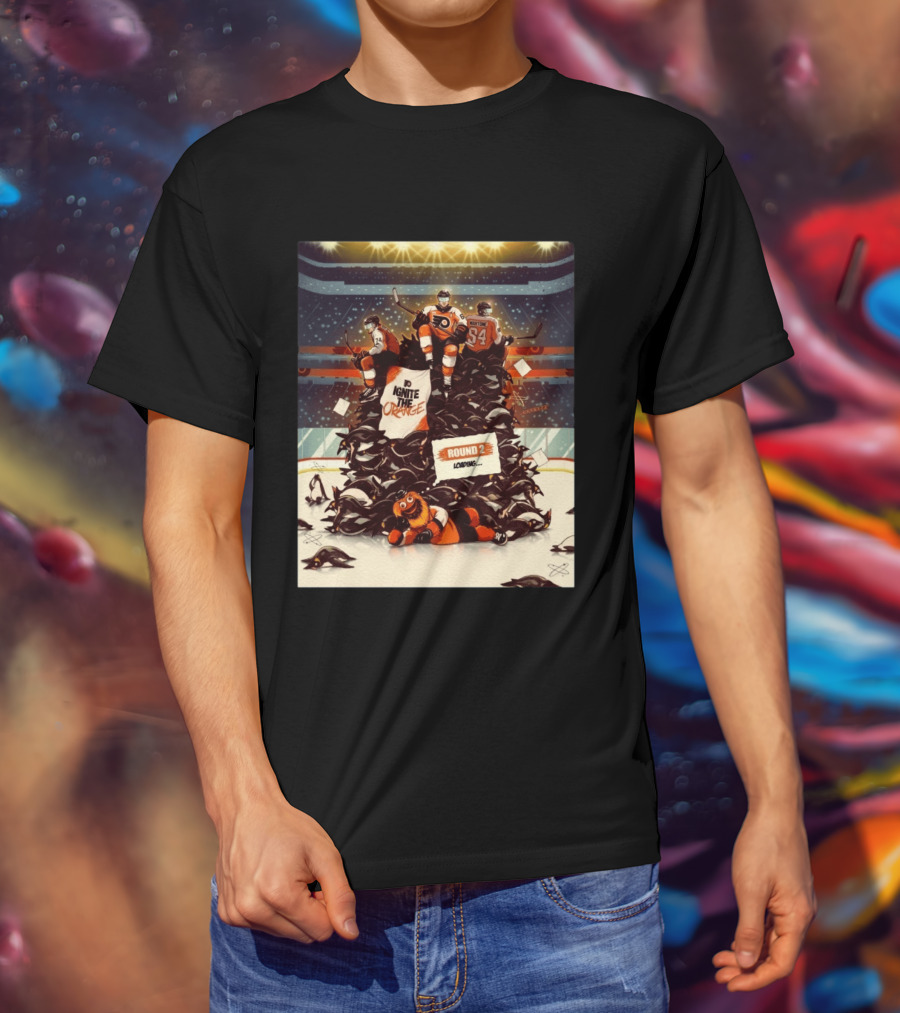 Philadelphia Flyers Ignite The Orange Round 2 Loading Cartoon Hockey Battle T-Shirt