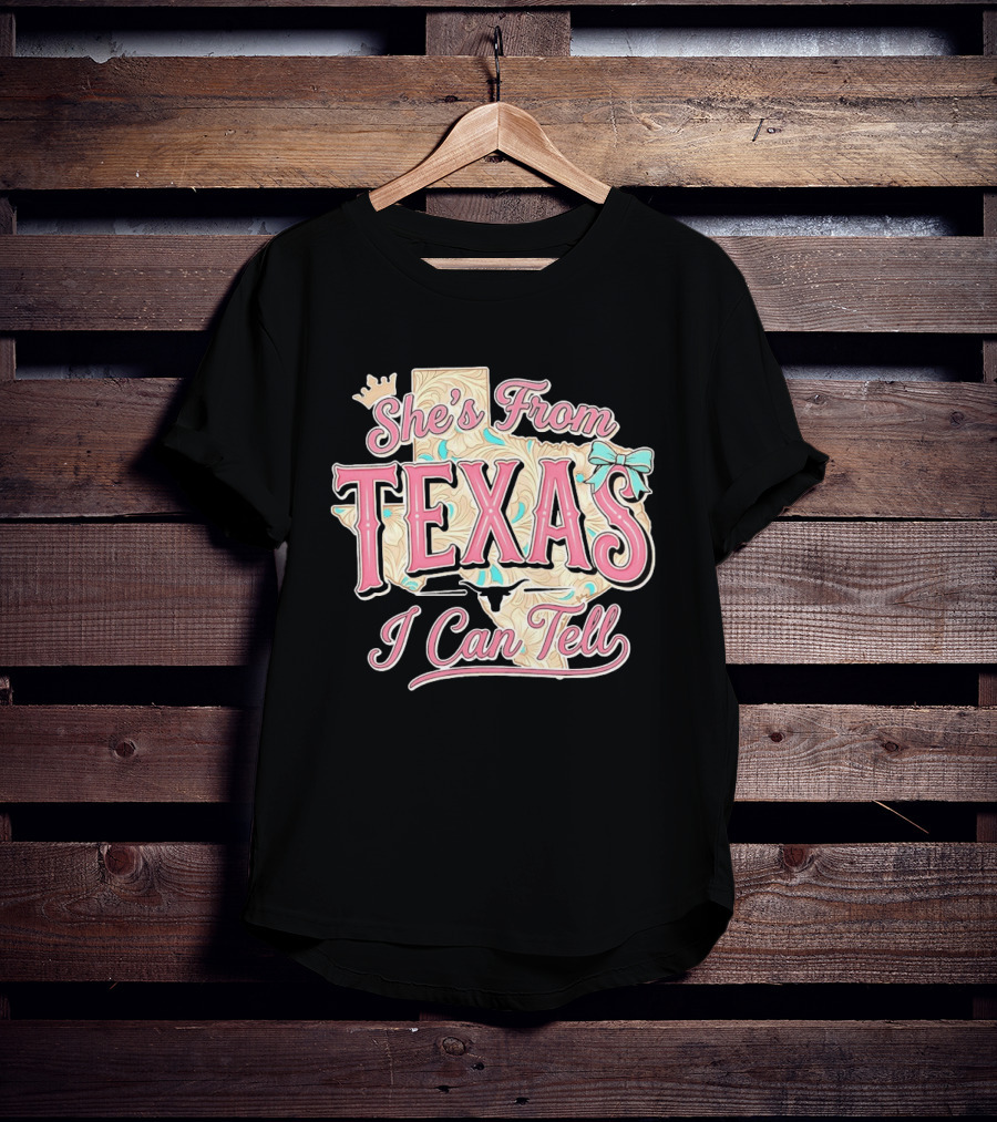 She's From Texas I Can Tell Texas Map Crown Bow T-Shirt