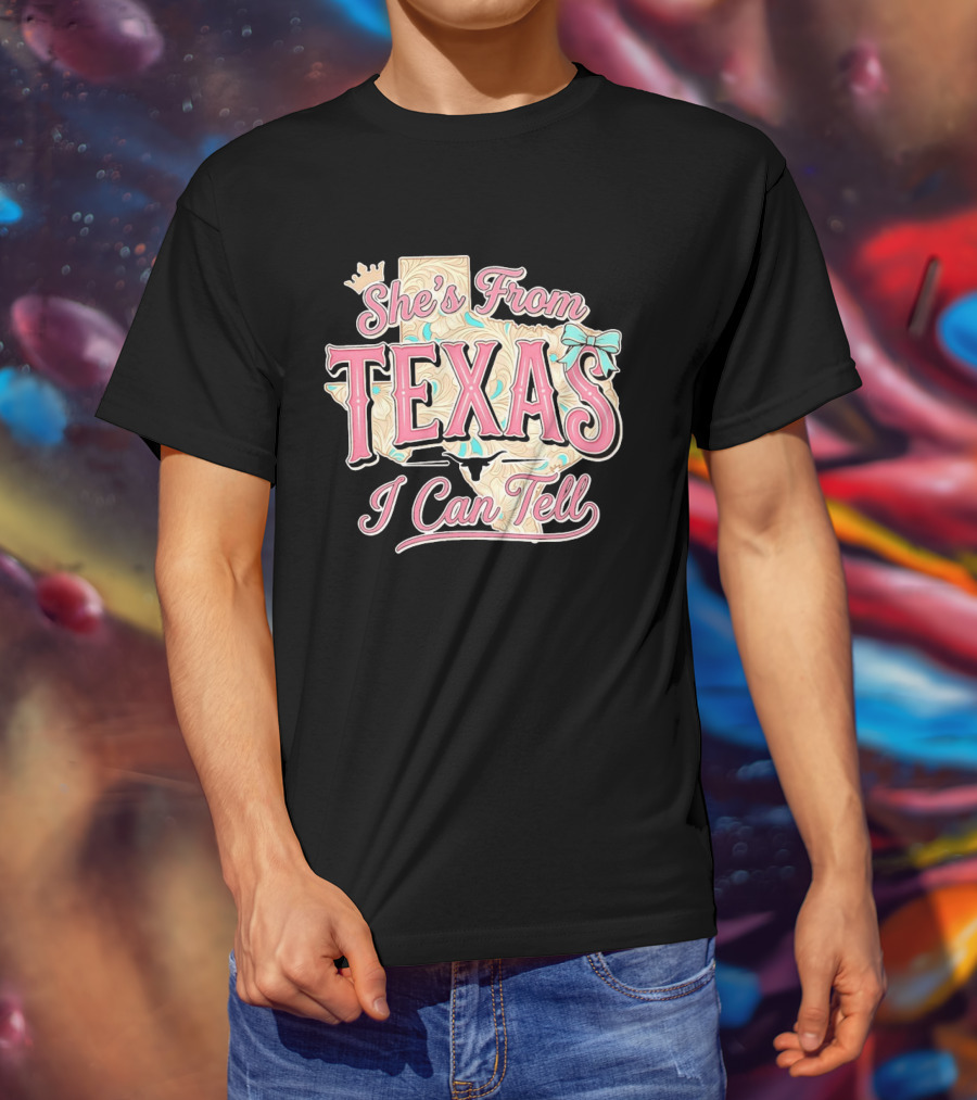 She's From Texas I Can Tell Texas Map Crown Bow T-Shirt