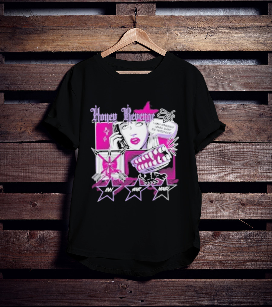 Honey Revenge Comic Style Pink And Black Lips Starburst T-Shirt