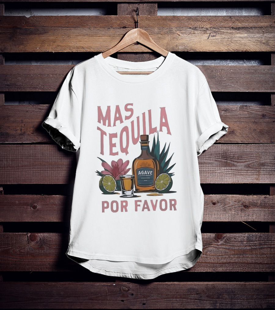 Mas Tequila Por Favor Agave Bottle With Limes And Shot Glass T-Shirt