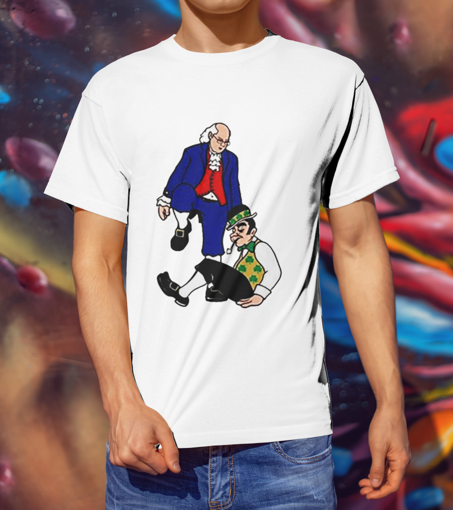 Ben Franklin Stepover Cartoon Colonial Vs Leprechaun T-Shirt