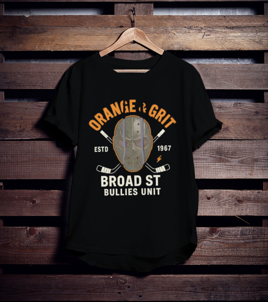 Orange And Grit Broad St Bullies Unit ESTD 1967 Hockey Mask And Sticks T-Shirt