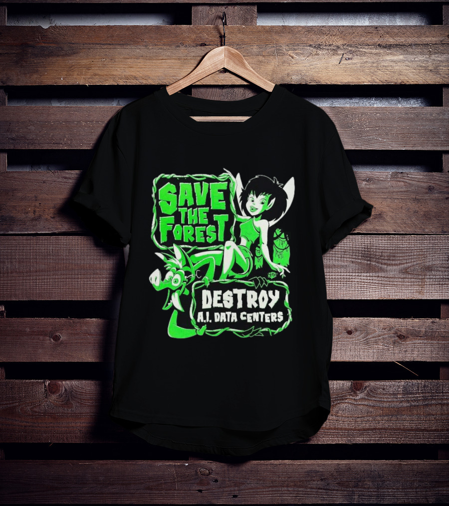 Save The Forest Destroy A.I. Data Centers Cartoon Fairy And Boar T-Shirt