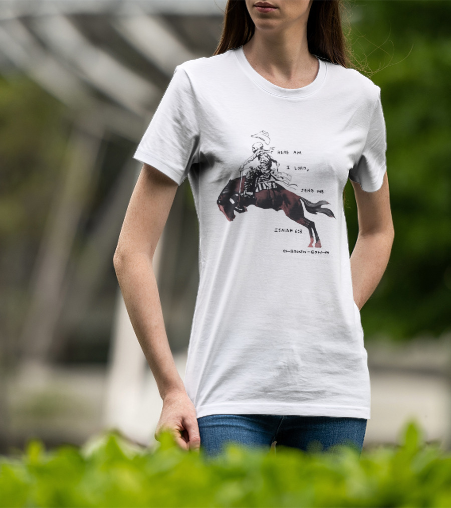 Here Am I Lord Send Me Isaiah Broken Bow Skeletal Cowboy Riding Horse T-Shirt
