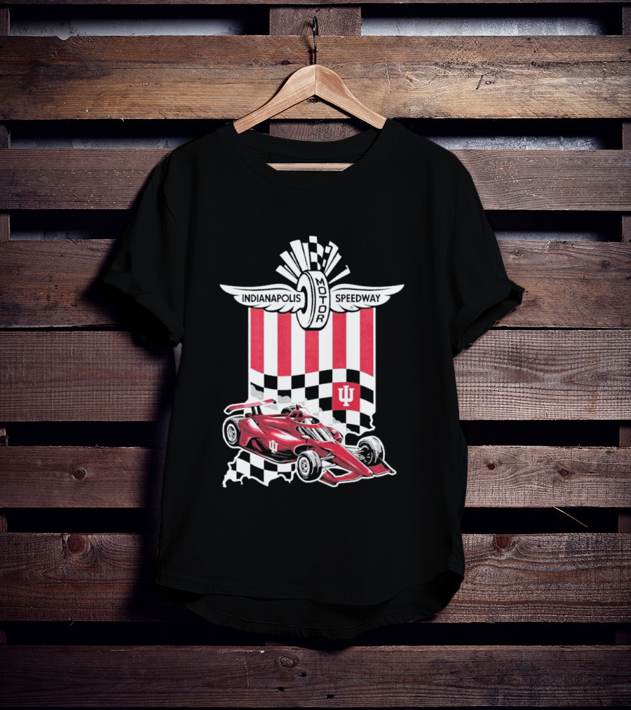 Indiana Hoosiers Red Race Car Indianapolis Motor Speedway Checker Flag T-Shirt