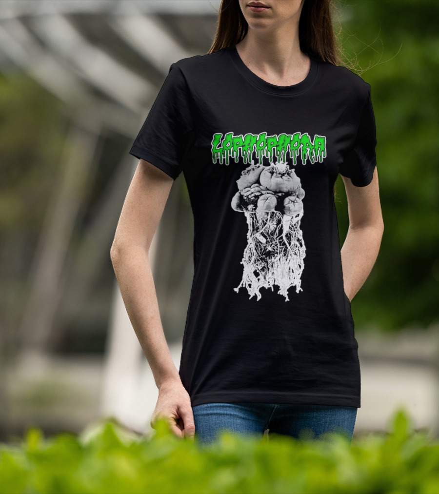 Lophophora Cactus Dripping Text With Detailed Root T-Shirt