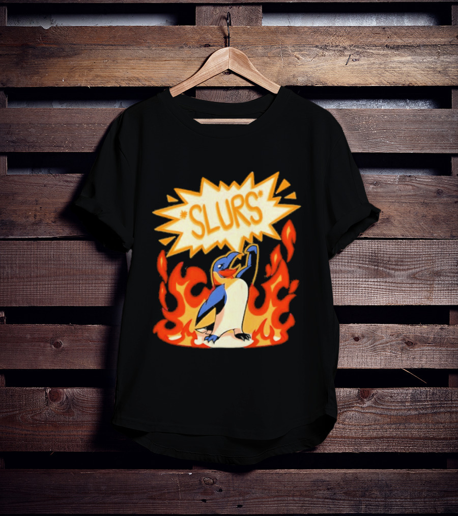 Penguin Slurs Cartoon Flaming Penguin In Fiery Speech Bubble T-Shirt