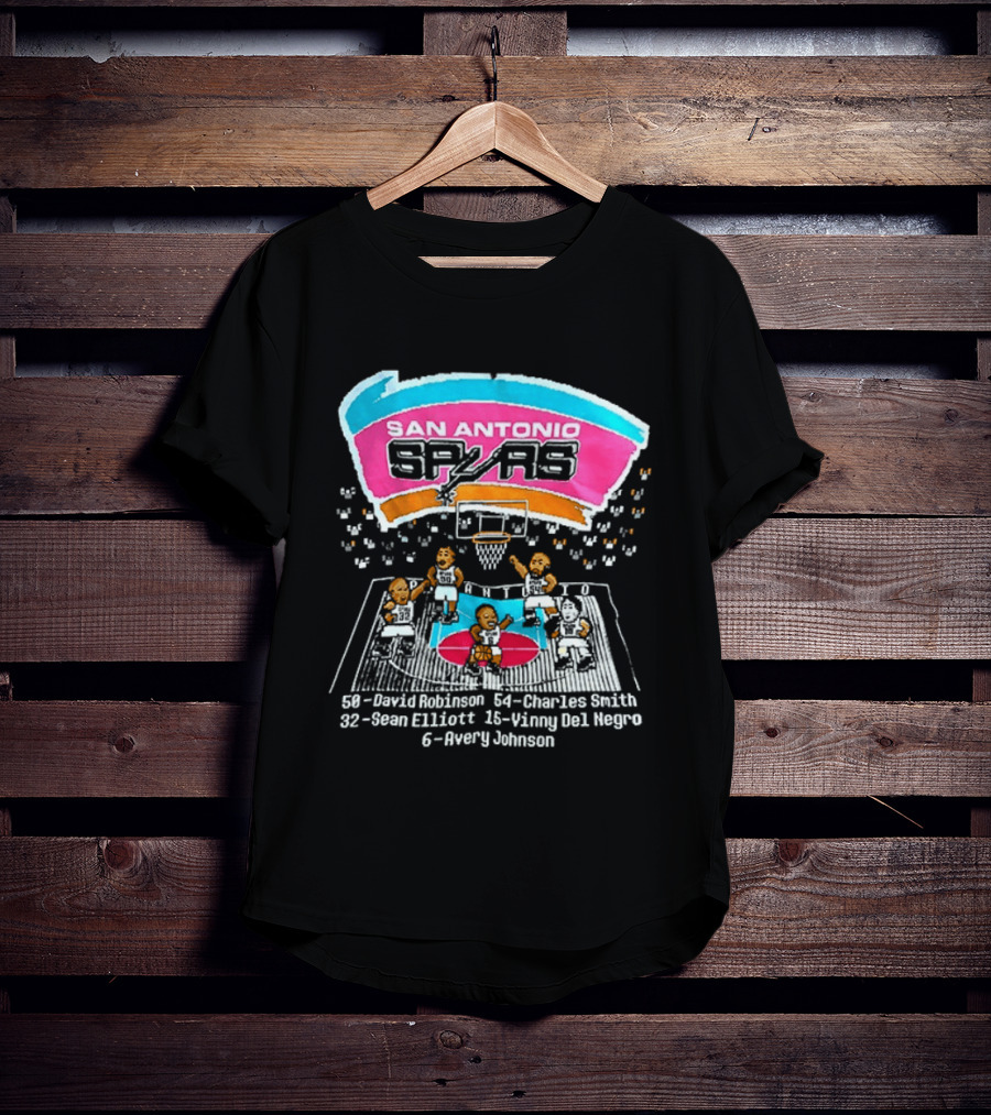 San Antonio Spurs 8 Bit Caricature David Robinson Charles Smith Sean Elliott Vinny Del Negro Avery Johnson NBA T-Shirt