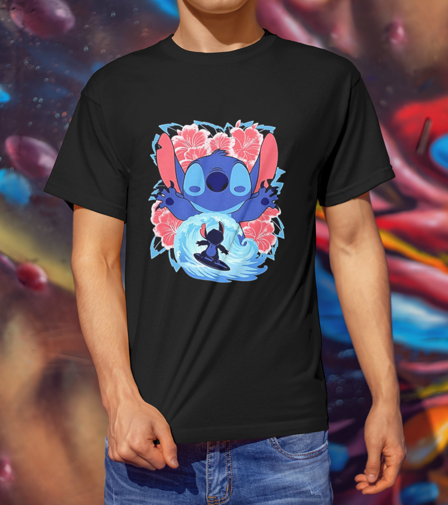 Lilo And Stitch Surfing Tropical Hibiscus Flowers T-Shirt