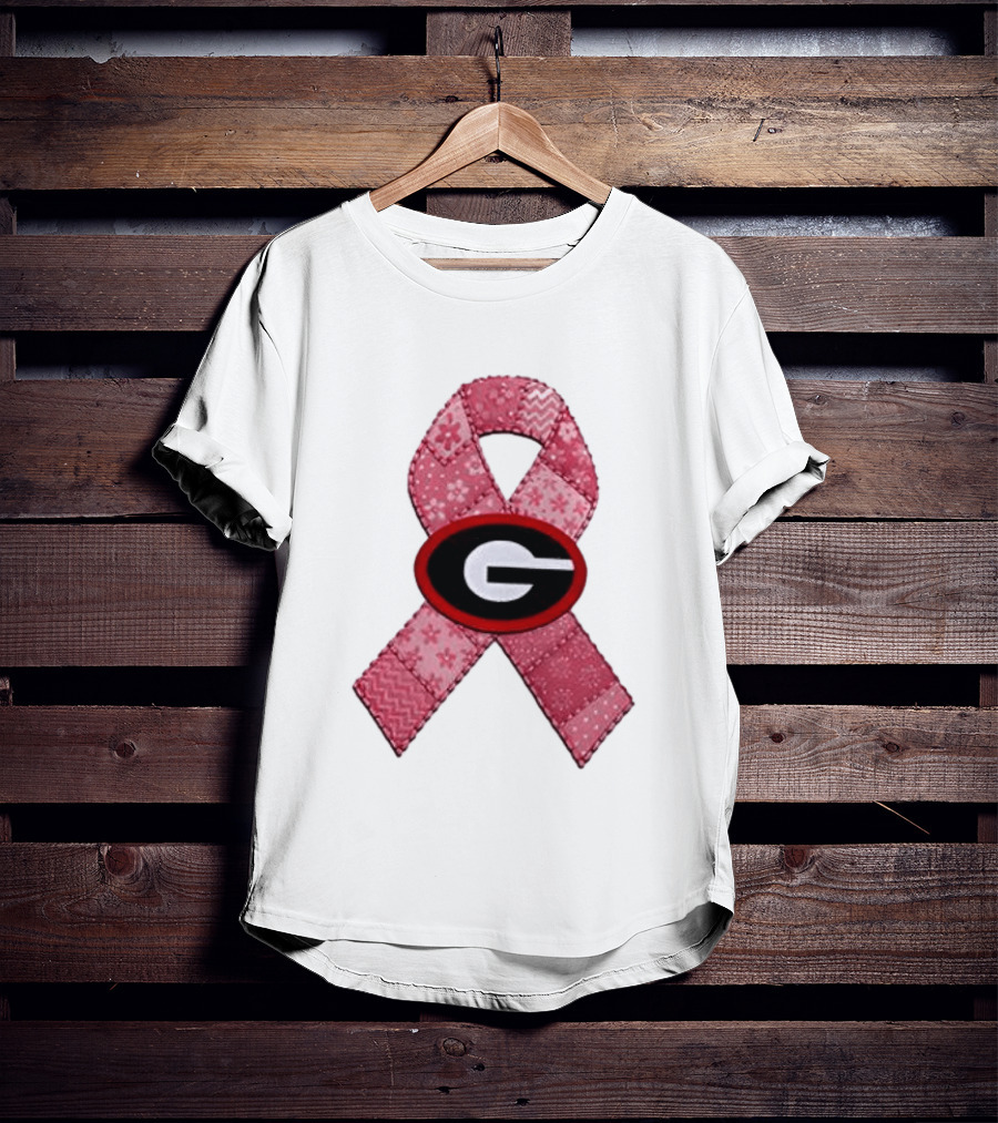 Georgia Bulldogs Patchwork Pink Ribbon Breast Cancer Awareness T-Shirt