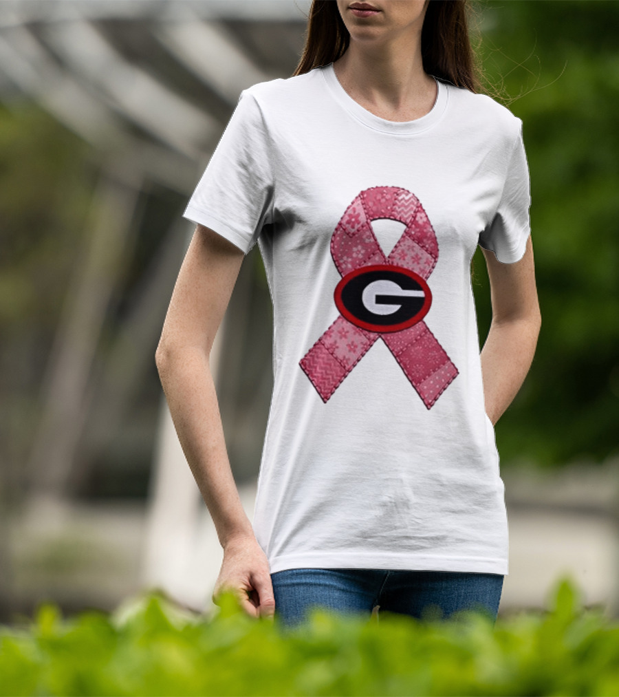 Georgia Bulldogs Patchwork Pink Ribbon Breast Cancer Awareness T-Shirt