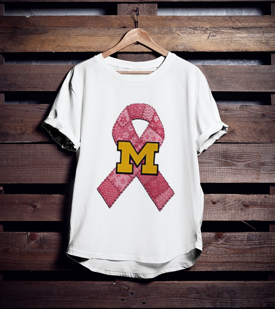 Michigan Wolverines Breast Cancer Awareness Pink Ribbon Patch T-Shirt